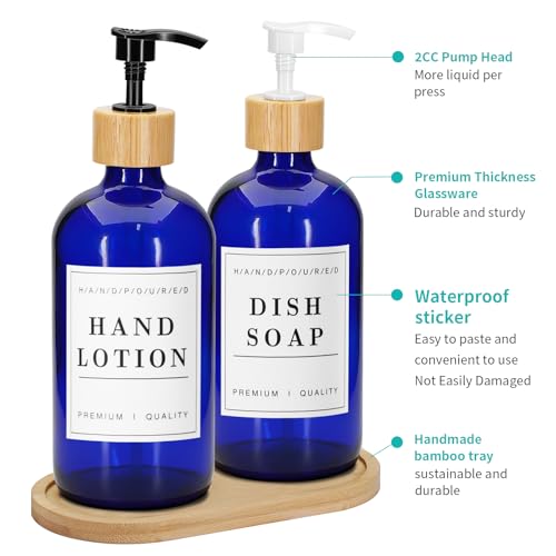 2 Pack 16 Oz Glass Soap Dispenser Set with Tray, Hand Dish Soap Dispenser Set for Bathroom and Kitchen Bottle Dispenser with Dish Soap, Hand Soap, Lotion (Blue) - color: Blue