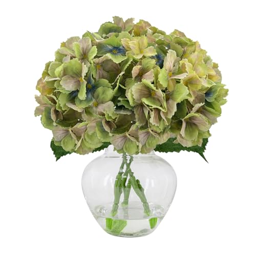Green Silk Hydrangea Artificial Flowers Fringed Edge Fake Flowers with Glass Vase, Centerpiece for Home Decor Bathroom Table Centerpiece Shelf Decorations - color: Green