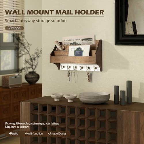 Rebee Vision Mail Organizer Wall Mounted with 3 Mail Slots, Brown&White | Pine Wood, Key Holder Wall Mount, 3-Tier Mail Holder, 6 key hooks, Wall Organizer, Hanging Letters, Entryway Storage - color: Brown&White