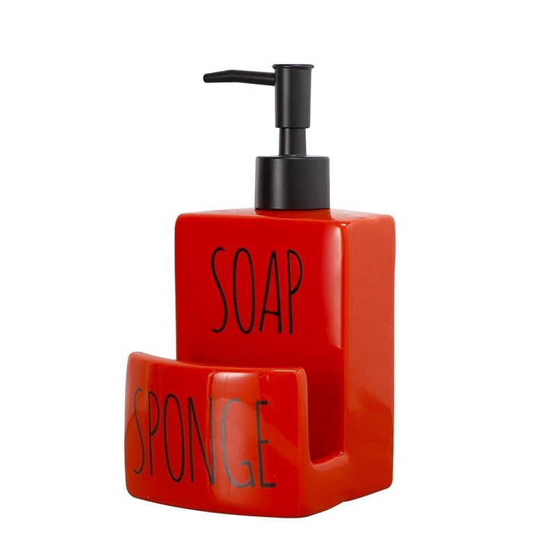 Ceramic soap Dispenser with Sponge Holder for Kitchen Sink Bathroom Counter top Storage and Organization (Red) - color: Red
