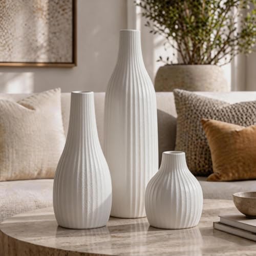 Minimal Line White Ceramic Vase Set of 3, Matte Decorative Flower Vases | Modern Nordic Boho Home Table Decor,Shelf,Entryway,Coffee Table,Dining Table Centerpiece,Fireplace Mantel or Console Décor - color: White