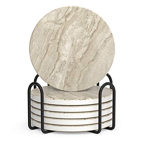 LIFVER Coasters for Coffee Table, Coasters for Drinks Absorbent, Drink Coasters, Housewarming Gift, Home Decor, Set of 6, Farmhouse Coaster Set with Holder, 4 Inches, Sandstone Style - color: Sandstone Marble, size: 6 Pack