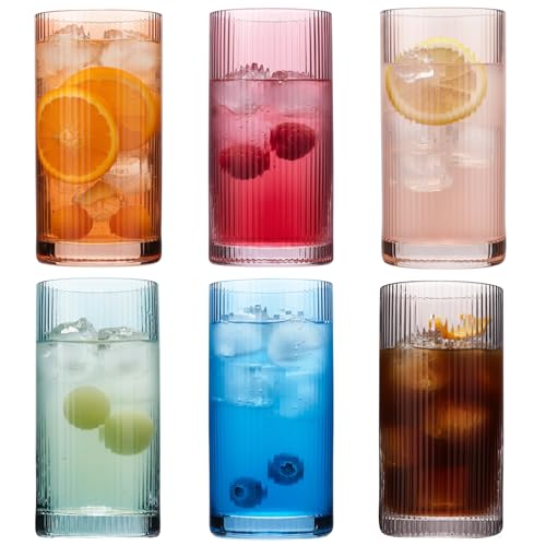 Physkoa Colored Ribbed Drinking Glasses Set of 6 - Vintage Highball Glasses Colorful,Embossed Ribbed Design Tumbler Glass for Cocktail,Juice,Mixed Drinks,Water,Holiday Party Supplies Gifts - color: Multicolor