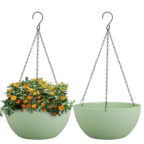 WSMKSZ 10 inch Hanging Planters for Outdoor Indoor Plants with Drainage Holes and Chain, 2 Pack Round Hanging Flower Pots for Garden Home Porch Decor,Green - color: Green, size: 10inch 2pcs