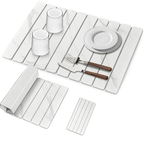 Large Stone Dish Drying Mat for Kitchen Counter, Foldable Quick Drying Dish Mats, Ultra Absorbent Diatomaceous Earth Mats for Dishes Bottles Cups, Match Any Countertop (White Marble 24"×16" & 8"x4") - color: Marble, size: 24" x 16"