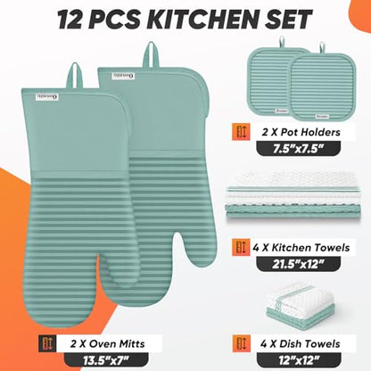 Oven Mitts Kitchen Towels and Dishcloths with Pot Holders Sets, Oven Gloves Hot Pads 500°F Heat Resistant with Silicone Grip, Include 2 Cooking Gloves/2 Potholders/4 Kitchen Towels/4 Dish Towels - color: Mint Green