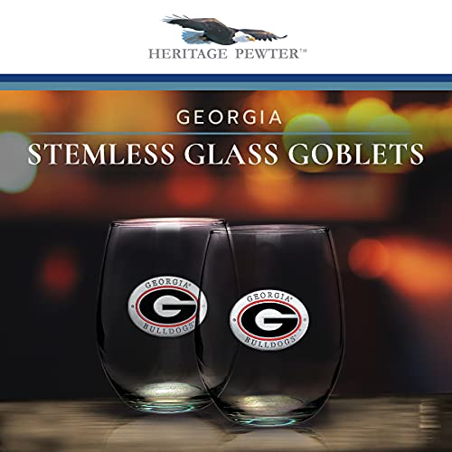 Heritage Pewter Georgia Bulldogs Stemless Glass Goblets – Set of 2 | 15 OZ Goblet Wine Glasses | Expertly Crafted Pewter Glass - style: GEORGIA G, RED