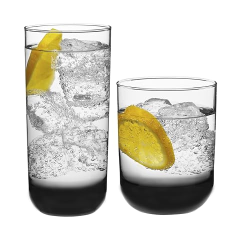 Libbey Polaris Tumbler and Rocks Glass Cups Set, Smoke Hue Mixed Drink Glasses with Straight Lines, Lead-Free, Drinkware Set of 16 for all Beverages - color: 04 - Polaris Smoke Hue