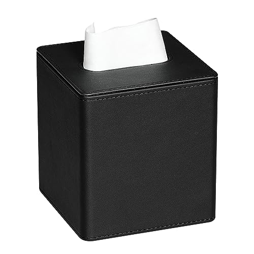 PU Leather Square Tissue Box Cover with Bottom, Black | Fits All Standard Cube Tissue Boxes, Modern Decorative Tissue Box Holder for Bathroom, Bedroom, Office, Living Room - color: Black