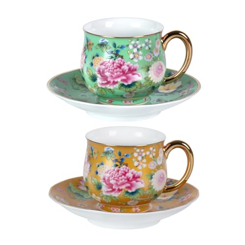 KAMMAK Tea Cup and Saucer, Ceramic Coffee Cups, 7.1 oz, Set of 2 | Porcelain Tea Cups with Saucers for Coffee and Cappuccino, Ideal for Breakfast, Afternoon Tea and Entertaining,942+944N - style: 942N+944N