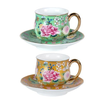 KAMMAK Tea Cup and Saucer, Ceramic Coffee Cups, 7.1 oz, Set of 2 | Porcelain Tea Cups with Saucers for Coffee and Cappuccino, Ideal for Breakfast, Afternoon Tea and Entertaining,942+944N - style: 942N+944N