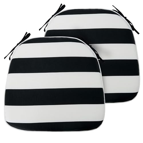 Indoor/Outdoor Chair Cushions Set of 2, 17x16x2Inch-Black White Stripe | Round Corner Patio Chair Pads with Ties, Water-Resistant, Patio Seat Cushions for Home Garden Furniture Decoration - color: Black White Stripe, size: Set of 2