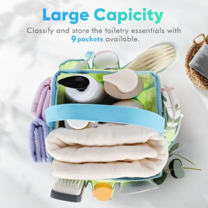 EUDELE Mesh Shower Caddy Portable, 8-Pocket Large Capacity, Quick Dry, Easy Clean, Ideal for Beach, Swimming, Gym, Travel - color: Fluorescent Green-Light Blue