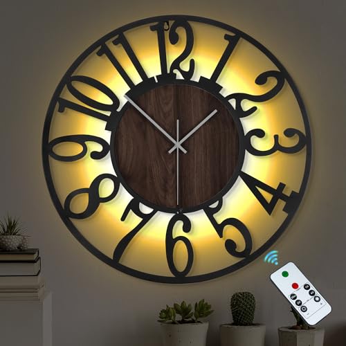 LEIKE Large Wall Clock 24'' Lighted Rustic Wood Clock with Remote Timer, Silent Battery Operated Modern Oversized Wall Clock for Living Room, Bedroom, Farmhouse, Home Decor, Large Number Display - color: Brown-arabic, size: 24 Inch