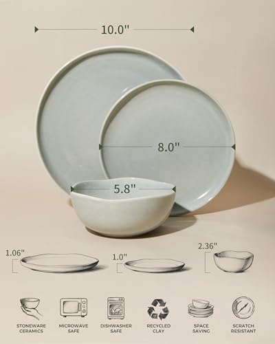 Ceramic Dinnerware Sets for 4, 12pcs Plates and Bowls Sets Dish Set | Stoneware Dishware sets, Microwave & Dishwasher Safe, Cereal Bowls and Dinner Plates Set, Stackable Dishes Set, Dusty Green - color: Dusty Green, size: Set (12pcs)
