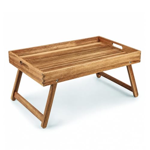 Solidith Acacia Wooden Breakfast Tray, Bed Tray with Folding Legs | Extra Large Serving Tray with Handles for Food and Snack,Laptop Desk for Working,Reading,Eating,TV Table