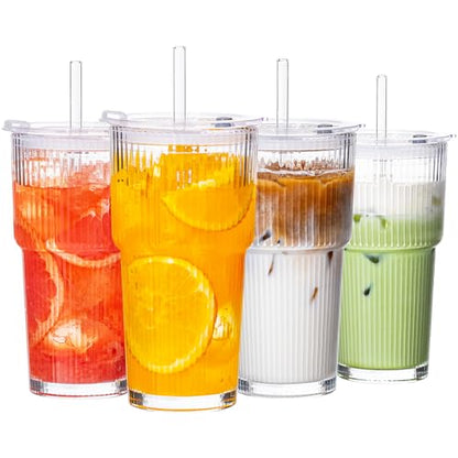 20oz Iced Coffee Cups with Lids, Glass Coffee Cups with Lids and Straws | Clear Reusable Drinkware, Secure Leak-Resistant Lids, Cup-Holder Friendly, Ideal for Iced Coffee, Tea, Juice and Smoothies - color: Clear - 4 pcs
