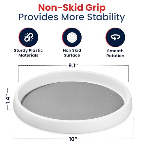Oizeir Lazy Susan Organizer Set of 4, 10 Inch Non-Skid Turntable for Cabinet, Pantry, Kitchen, Countertop, Fridge, Bathroom – Durable Plastic Rotating Storage Tray, White - color: White