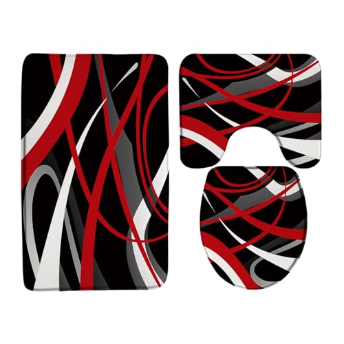 3 Piece Modern Geometric Bath Mat Set Red Black Gray White Abstract Boho Geometric Striped Mid Century Vintage Farmhouse 16x24 Inches Bathroom Rugs,Toilet Seat Cover,U-Shaped Floor Rug - color: Black Red, size: 1'4" x 2' (Rectangular)