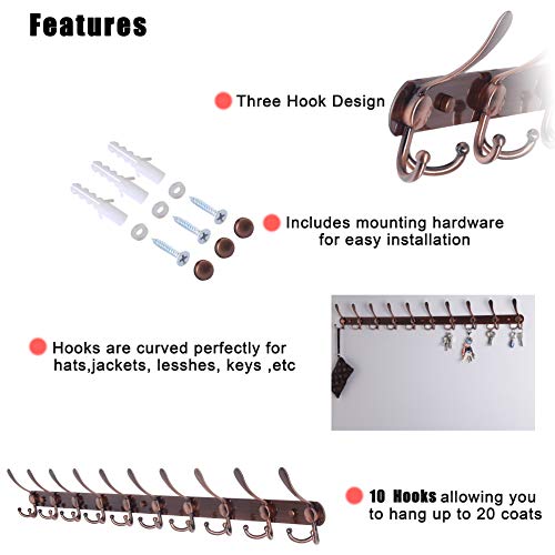 Coat Rack Wall Mount - 38” Long 10-Tri-Hooks Heavy Duty Coat Hanger Rail Wall Hooks for Hanging Coats Hats Clothing Clothes Purse Mudroom Entryway, Antique Copper, Pack of 2 - color: Antique Copper, size: L=38” (2 Pcs)