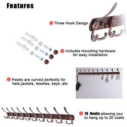 Coat Rack Wall Mount - 38” Long 10-Tri-Hooks Heavy Duty Coat Hanger Rail Wall Hooks for Hanging Coats Hats Clothing Clothes Purse Mudroom Entryway, Antique Copper, Pack of 2 - color: Antique Copper, size: L=38” (2 Pcs)