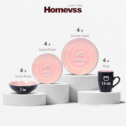 HomeVss, Sonoma Stoneware 16pc Dinnerware Set, Outside Black + Inside Hand Painting Rose - color: Rose