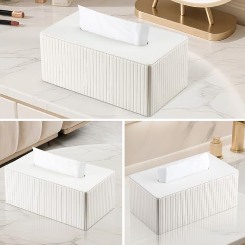PU Leather Tissue Box Cover Rectangular Tissue Box Holder with Magnetic Bottom, Napkin & Facial Tissue Holder Dispenser for Home, Office for Standard 120-count/160-count (2-Ply) White Stripe - color: Off-white Stripe