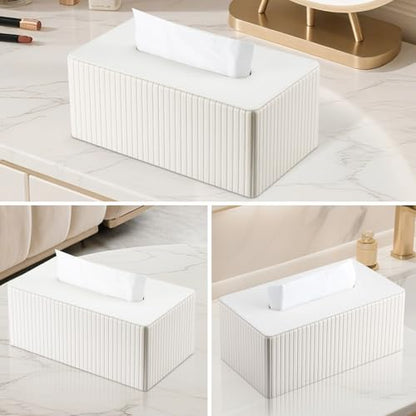 PU Leather Tissue Box Cover Rectangular Tissue Box Holder with Magnetic Bottom, Napkin & Facial Tissue Holder Dispenser for Home, Office for Standard 120-count/160-count (2-Ply) White Stripe - color: Off-white Stripe