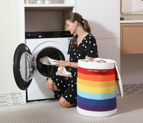 16"x20" Extra Large Cotton Rope Basket with Zipper Lid, Woven Laundry Hamper and Blanket Storage Basket, Round Clothes Bin for Living Room Bedroom, Rainbow & White - color: Rainbow/White