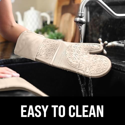 BPA-Free Silicone Oven Mitts Ultra Heat Resistant up to 500°F - Oven Mitts with Thick Cotton Liner - Long Slip Resistant Pot Holders, Flexible Oven Gloves - Beige 14.7 - color: Beige, size: 2-Piece 14.7" Oven Mitts
