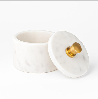Marble Salt Cellar with Lid and Golden Knob | Natural Stone Salt Box for Kitchen Counter and Dining | Marble Spice Jar Holder for Cooking, Tabletop, and Countertop Storage (4 * 3.5 Inch, White) - color: White with Golden Knob