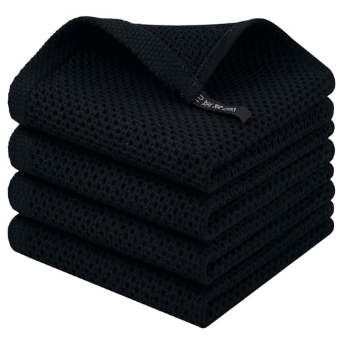 Homaxy 100% Cotton Waffle Weave Kitchen Dish Cloths, 4-Pack, Black | 12 x 12 Inches, Ultra Soft Absorbent Dish Towels, Quick Drying Dish Rags with Hanging Loop - color: Black, size: 12 X 12 - 4 Pack