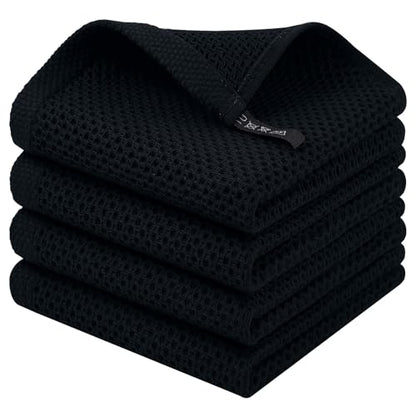Homaxy 100% Cotton Waffle Weave Kitchen Dish Cloths, 4-Pack, Black | 12 x 12 Inches, Ultra Soft Absorbent Dish Towels, Quick Drying Dish Rags with Hanging Loop - color: Black, size: 12 X 12 - 4 Pack