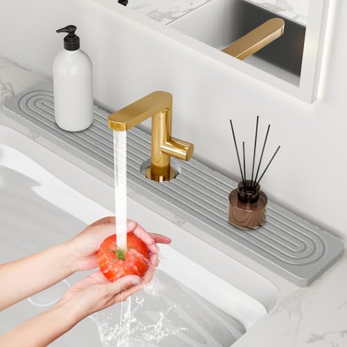 24'' Longer Stone Faucet Mat for Kitchen Sink [Super Absorbent, 30s Quick Drying] Water Absorbing Stone Tray for Sink Stone Mat for Kitchen Sink Stone Quick Dry Around Faucet Diatomite Stone Sink Tray - color: Light Gray, size: 23.7" x 4"