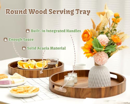 Round Wood Serving Trays Set of 2, Ottoman Tray Rustic Acacia Wooden Trays with Handles, Nesting Circle Tray with 4 Coasters for Coffee Table Living Room Bathroom Bedroom Party - color: 15.75"+13.78" Round Tray - Acacia