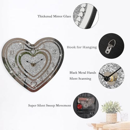 Crystal Wall Clocks for Living Room Decor Heart Shape Silver Diamond Mirrored Wall Clock with Sparkle Twinkle Bling Crushed Diamond for Wall Decoration - style: Heart
