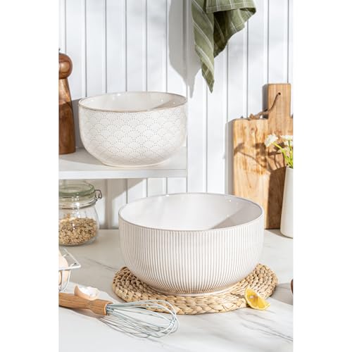 Mikiegy Ceramic Mixing Bowls Set of 2, Nesting Ceramic Embossment Stoneware Mixing Bowls for Cooking, Serving, Popcorn, Salad etc, Microwave & Dishwasher Safe, 98/145 oz, Off-White - size: 98&145 oz
