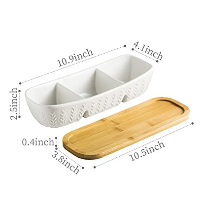 Miamolo Condiment Bowls Divided Serving Tray, Chip and Dip Bowl for Party | Ceramic 10-inch, 3 Compartment Tray + Wood Base | for Snacks Appetizer Charcuterie, Microwave Oven Safe, Hosting Essentials - size: Medium-10 inches
