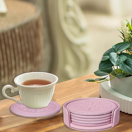 Coasters Set of 6 - PU Leather Coasters for Drinks with Holder - Pink - color: Pink