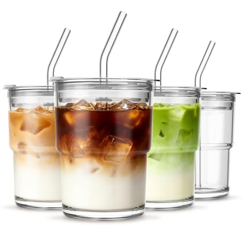 INSETLAN 13 oz Portable Glass Tumblers Set of 4, Thick Wall Glass Cups with Lid and Glass Straw, On-the-Go Coffee Cups for Iced Coffee, Tea, Milk, Hot & Cold Drinks, Travel & Daily Use - color: 13 oz - 4 Pcs