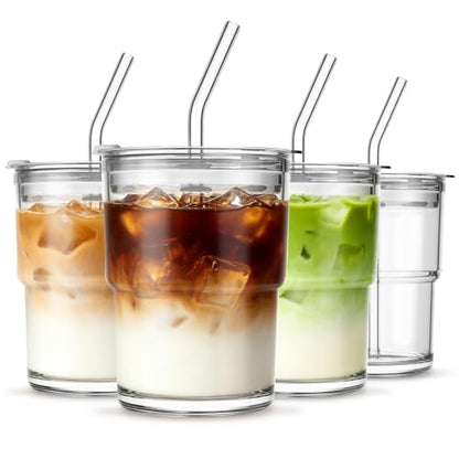 INSETLAN 13 oz Portable Glass Tumblers Set of 4, Thick Wall Glass Cups with Lid and Glass Straw, On-the-Go Coffee Cups for Iced Coffee, Tea, Milk, Hot & Cold Drinks, Travel & Daily Use - color: 13 oz - 4 Pcs