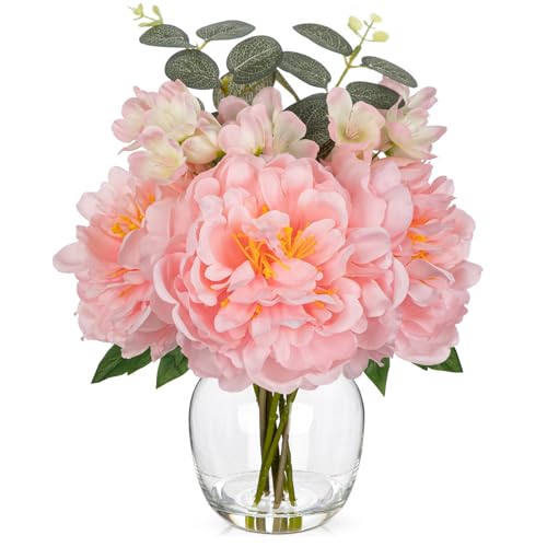 Hollyone Pink Peonies Artificial Flowers Peony Fake Flowers in Vase Silk Flower Arrangements with Glass Vase with Faux Water for Home Decor Bathroom Coffee Table Centerpiece Shelf Decorations - color: Light Pink