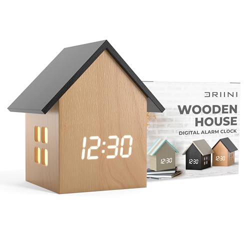 Driini Digital House-Shaped Alarm Clock with Temperature Display (Light Wood) – Modern Aesthetic - Cute Cube Frame and White LED Dimmer - Perfect Large Desk Clock for Bedside Table or Bedroom Mantle - color: Light Wood; Black Roof, size: Large