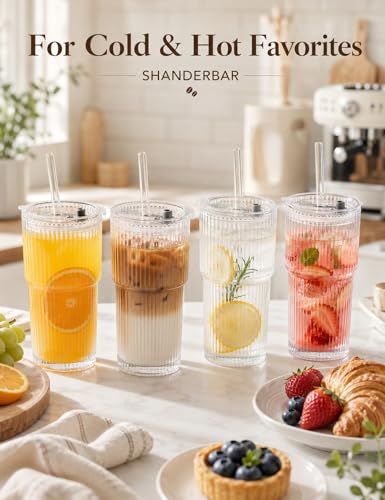 20 oz Ribbed Glass Tumblers with Lids and Straws, Clear, Set of 4 | Thick Reusable Iced Coffee Cups Leak-proof, Reusable Drinking Glasses for Cold & Hot Beverages, Fits Car Cup Holder Travel