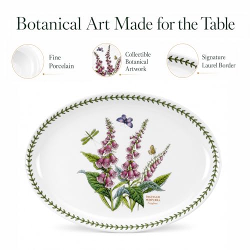 Portmeirion Botanic Garden Oval Platter - Porcelain & Foxglove Motif | 13" Serving Platter for Appetizers, Desserts & More - Dishwasher, Microwave, Freezer & Oven Safe with Chip-Resistant Glaze