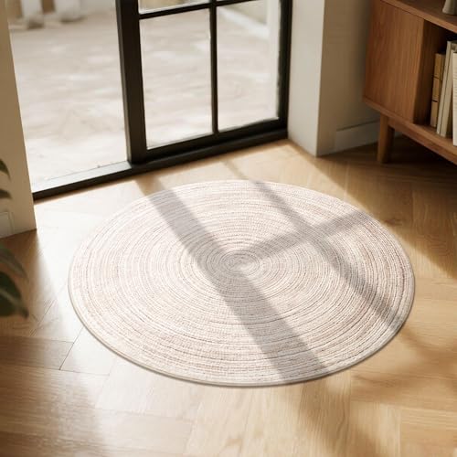 Carvapet 2 ft Round Washable Rug, Polyester Material Imitation Jute Low Pile Circle Carpet with Non Slip Rubber Backing, Foldable Stain Resistant Area Rug for Living Room Bedroom Office Bathroom - color: S-khaki, size: 2' (Round)