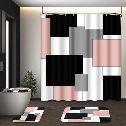 Bathroom Sets with Shower Curtain and Rugs, 4 Pcs, Geometric Pink | Checkered Modern Abstract Bathroom Decor Set with Toilet Lid Cover, Non-Slip Bath Mats and 12 Hooks - color: Abstract Geometric Pink