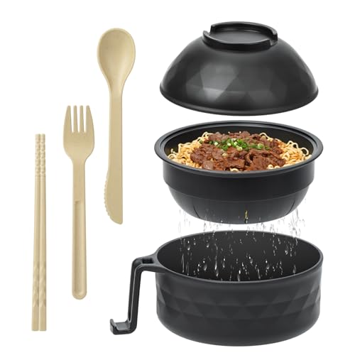 Ramen Cooker,Microwave Ramen Bowl,Ramen Noodle Bowl,College Dorm Room Essentials for Girls for Boys, Portable Noodle Bowls,for Home Office Dorm Room College gift,BPA-Free (Black) - color: Black