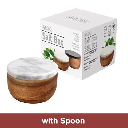 jalz jalz Acacia Wood Salt Cellar with white Marble Lid, 10oz Pinch Pot & Spoon - color: White Cover Natural Base
