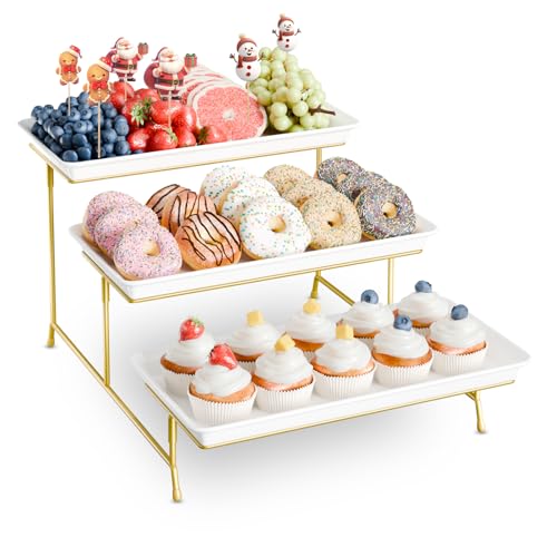 Bumusty 3-Tier Melamine Serving Tray Set, 14 x 7 in, Gold Stand | Melamine Reusable Platters with Metal Display Stand for Cupcakes, Desserts, Fruit, Cookies, Parties, Birthdays and Holidays - color: Gold, size: 14" x 7"